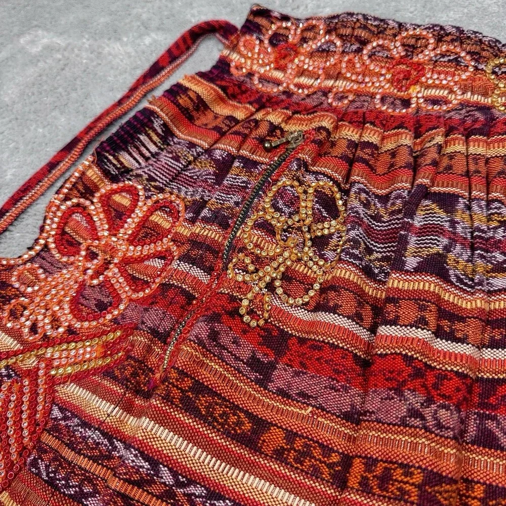 Handmade Guatemalan Embroidered Beaded Apron Floral Folk Art Boho Zipper Pockets